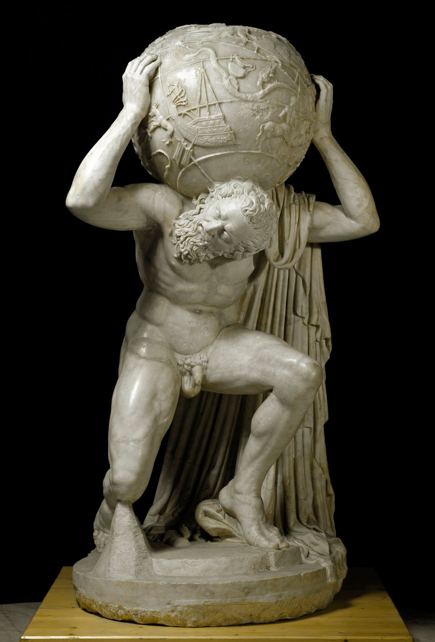 Atlas Farnese Atlas, dönemin astronomik bilgisini simgeleyen Gök küresini taşıyor. Bir Yunan orijinalinden sonra Roma mermeri heykeli. 2. yüzyıl. karartmak 191 cm Museo Archeologico Nazionale, Napoli by Roman