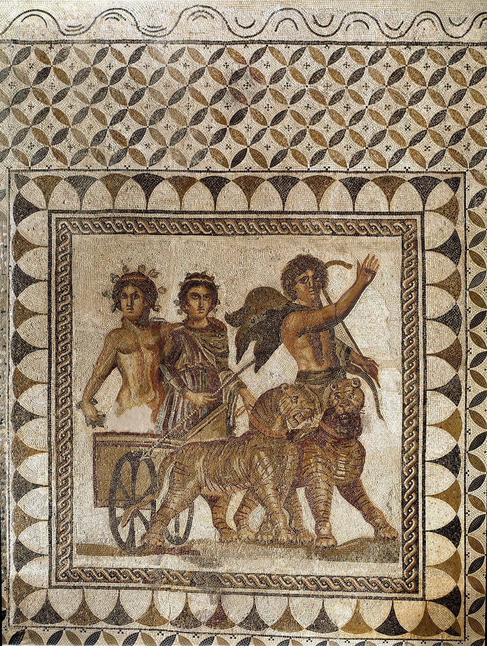 Kaplanlar tarafından çekilen bir arabada Bacchus, 3. yüzyıl (mozaik) by Roman