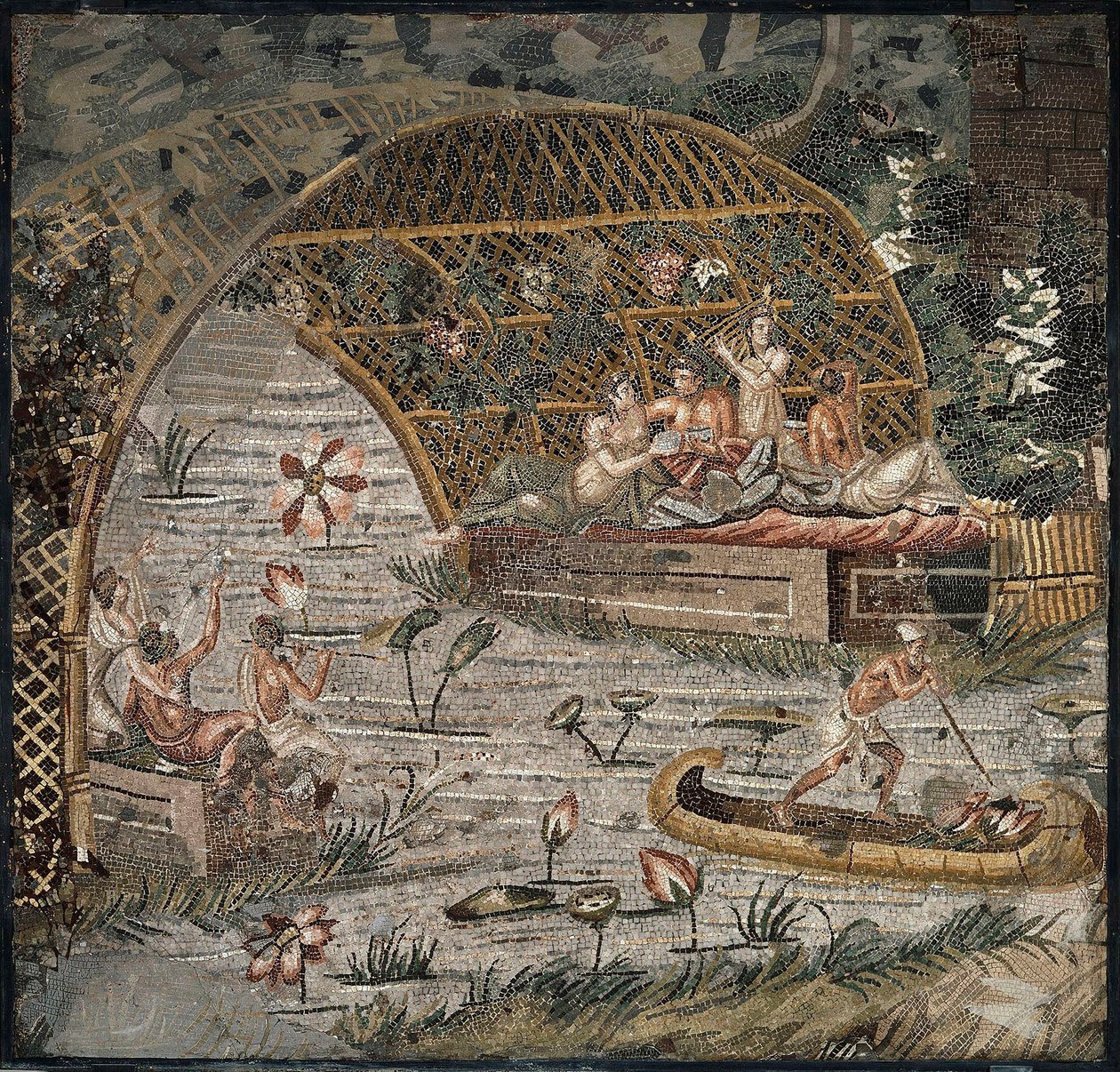 Nil yakınlarında bir çardak altında ziyafet - Palestrina Nil Mozaiğinin Detayı - MÖ 3. yüzyıl - Palestrina Nil mozaiği - MÖ 3. yüzyıl, 95x102 cm - Staatliche Museen, Berlin by Roman