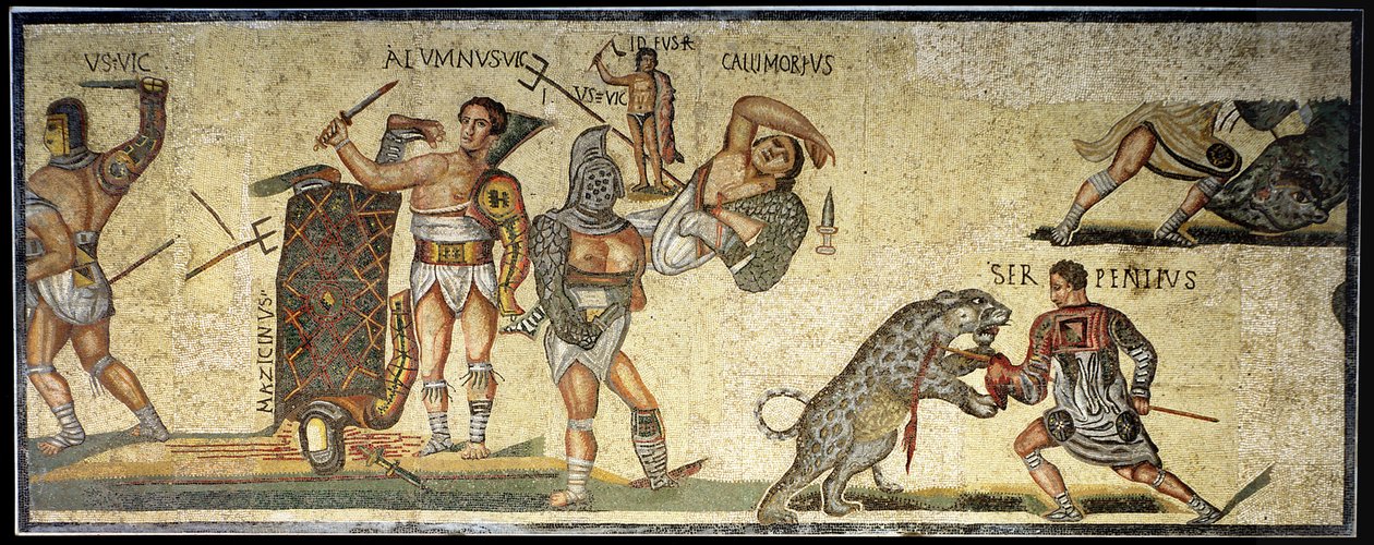 Gladyatörler ve Yaban Kedileri arasındaki savaş, MS 320 (mozaik) by Roman