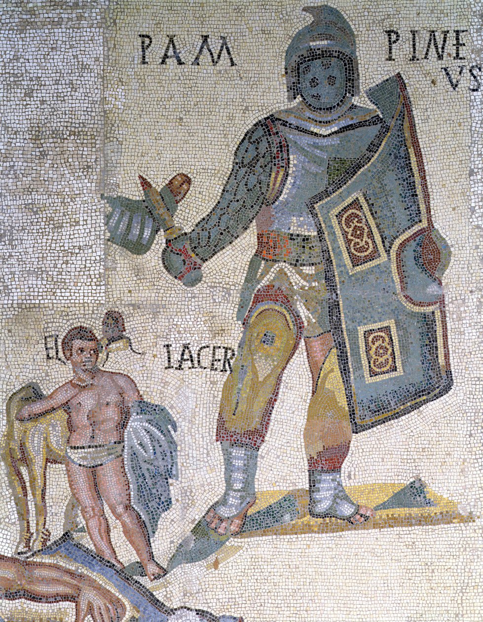 Gladyatörler arasındaki savaş, bir hançer ve kalkanla donanmış bir gladyatörün detayı, MS 320 (mozaik) by Roman