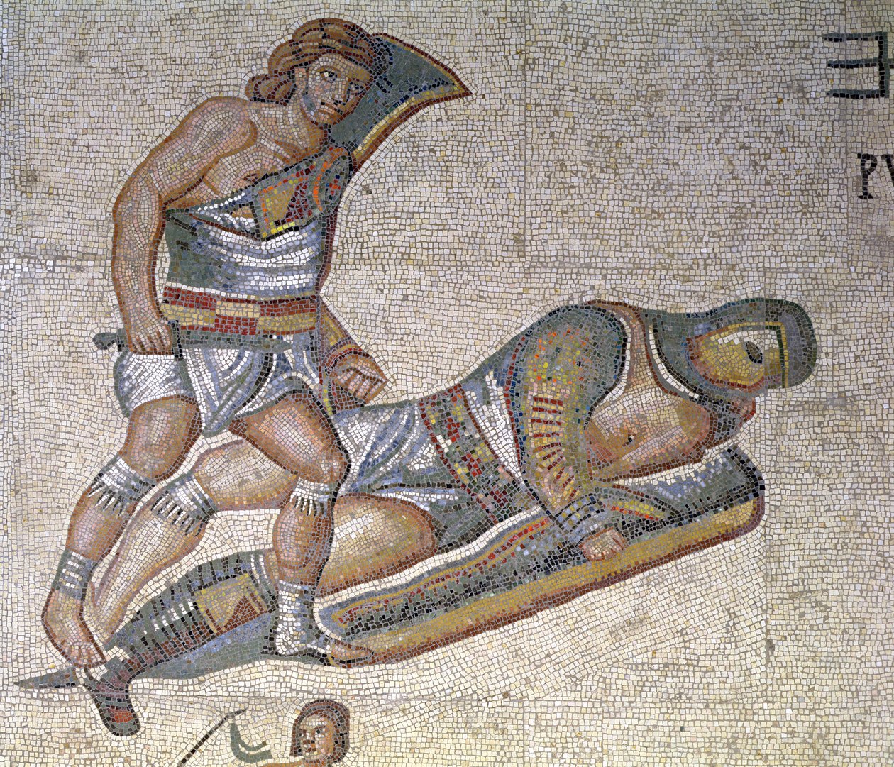 Gladyatörler arasındaki savaş, bir gladyatörün diğerini yere çivileme detayı, MS 320 (mozaik) by Roman