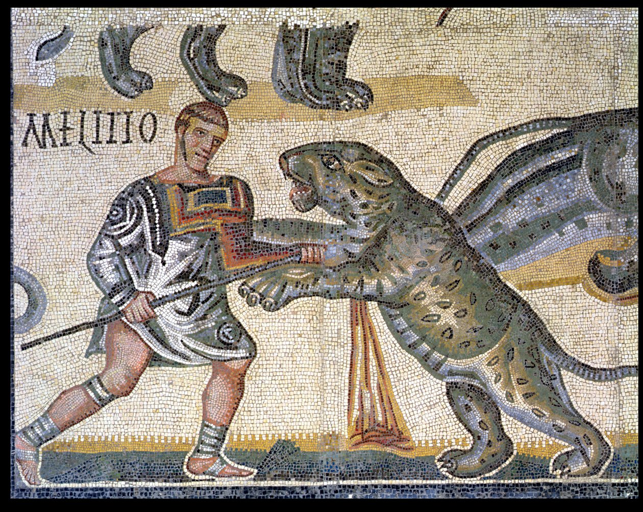 Yaban kedilerine karşı gladyatörlerin savaşı, bir yaban kedisinin içinden geçen bir gladyatörü tasvir eden detay, MS 320 (mozaik) by Roman