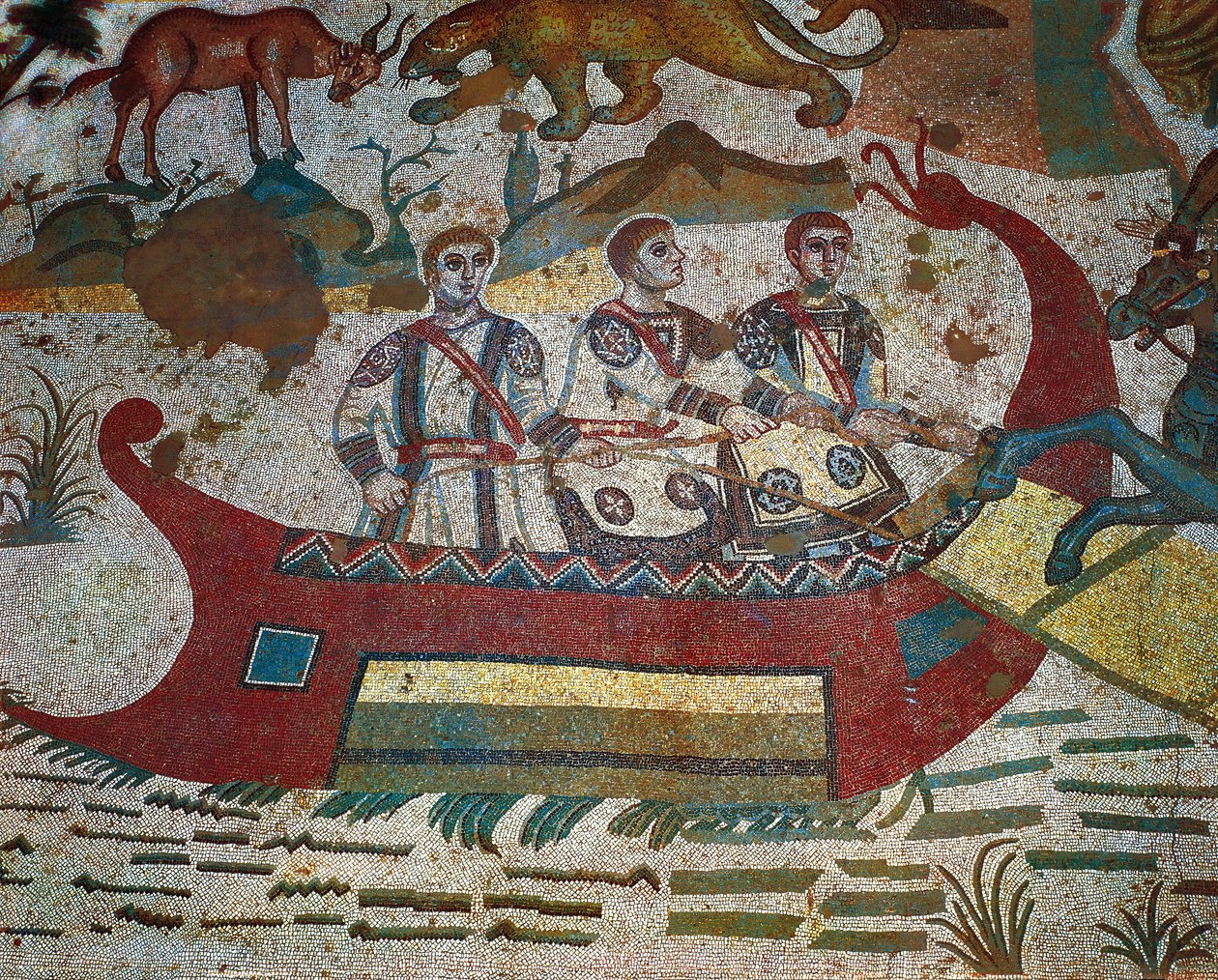 Büyük Av mozaiği, Villa Romana del Casale, Piazza Armerina, Sicilya, İtalya, 4. Yüzyıldan detay by Roman