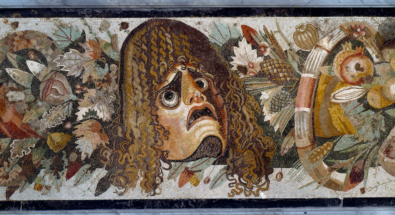 Maske, yaprak ve meyve ile Feston. Detay. Pompei