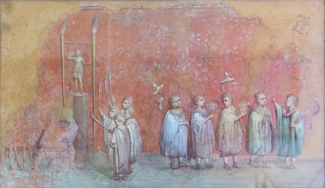 Çocukları bir geçit töreninde tasvir eden bir takvimin fresk parçası, muhtemelen imparator Severus'un doğum günü kutlamaları ve MS 3. yüzyıl Nisan ayını temsil ediyor (fresk) by Roman