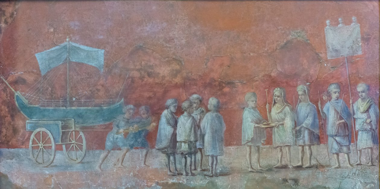 Bir yolculuğun başlangıcında düzenlenen ve MS 3. yüzyılın Mart ayını temsil eden yatıştırıcı bir festival olan Isidis navigasyonunu tasvir eden bir takvimin fresk parçası (fresk) by Roman