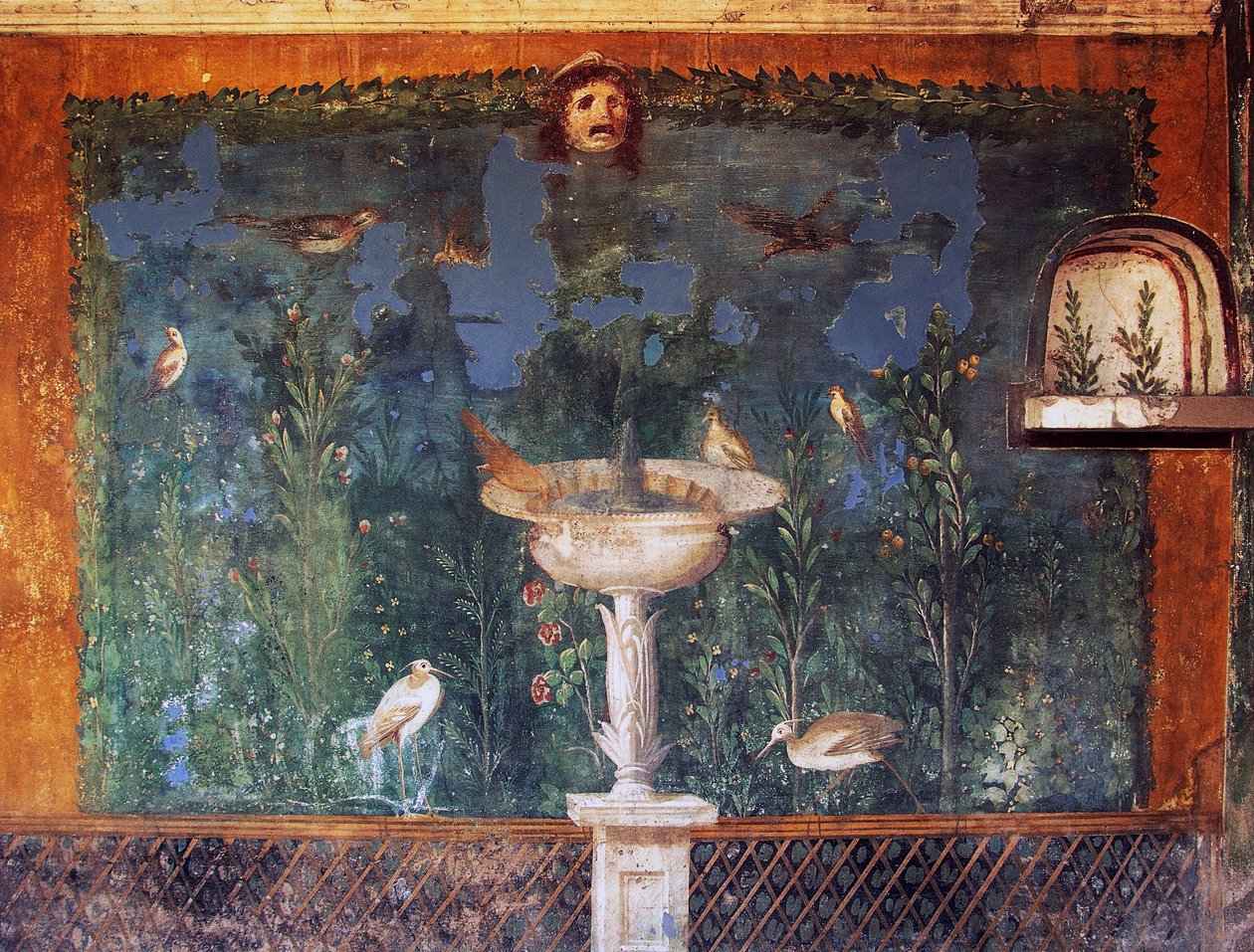 Çeşme, maske ve kuşlar ile fresk, Kabuklu Venüs Evi, Pompeii, Campania, İtalya, Roma uygarlığı by Roman