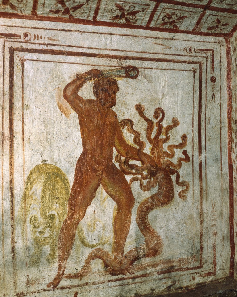 Herkül ve Lernaean Hydra, fresk, Via Latina Catacomb, Roma, İtalya, 4. yüzyıl by Roman