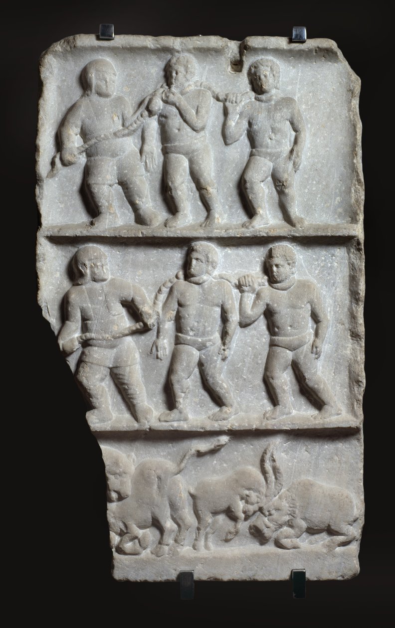 3 kayıtlı mermer kabartma: zincirli ve hayvanlardaki köleler, MS 200 dolayları (mermer) by Roman