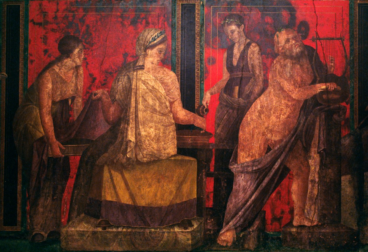 Rahibe ve lir çalan bir silenus, İnisiyasyondan Dionysos gizemlerine sahne, Gizemler Villası