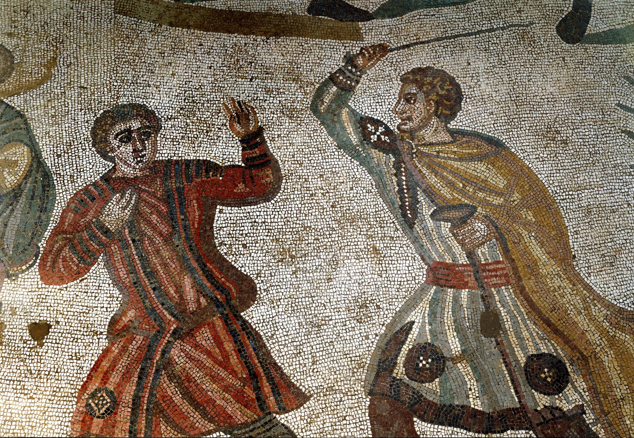Roma Sanatı: Mozaiğin detayı “” Büyük Av”” Romalı bir aristokrat, kölelerinden birini sopayla cezalandırır. 315-350 AD. Piazza Armerina, Villa Romana del Casale by Roman