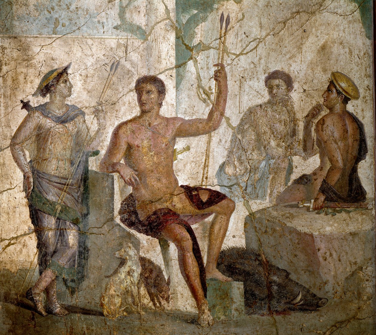 Roma Sanatı: “” Meleagre ve Atalante””” MS 1. yüzyıldan kalma Roma freski. Pompei'den. Napoli, Ulusal Arkeoloji Müzesi - Roma sanatı: Meleager ve Atalanta. Pompeii'den MS 1. yüzyıla ait Roma freski. Ulusal Arkeoloji Müzesi, Napoli, It by Roman