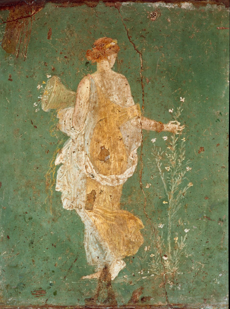 Roma Sanatı: “” Bahar”” Flora (Flora) çiçek toplama. Pompei yakınlarındaki Varano a Stabies (Stabiae) villasından fresk. 15 M.Ö.-60 M.Ö. Museo Archeologico Nazionale, Napoli - Roma sanatı: Bahar, Flora çiçek toplama. Stabiae'deki Varano villasından fre by Roman