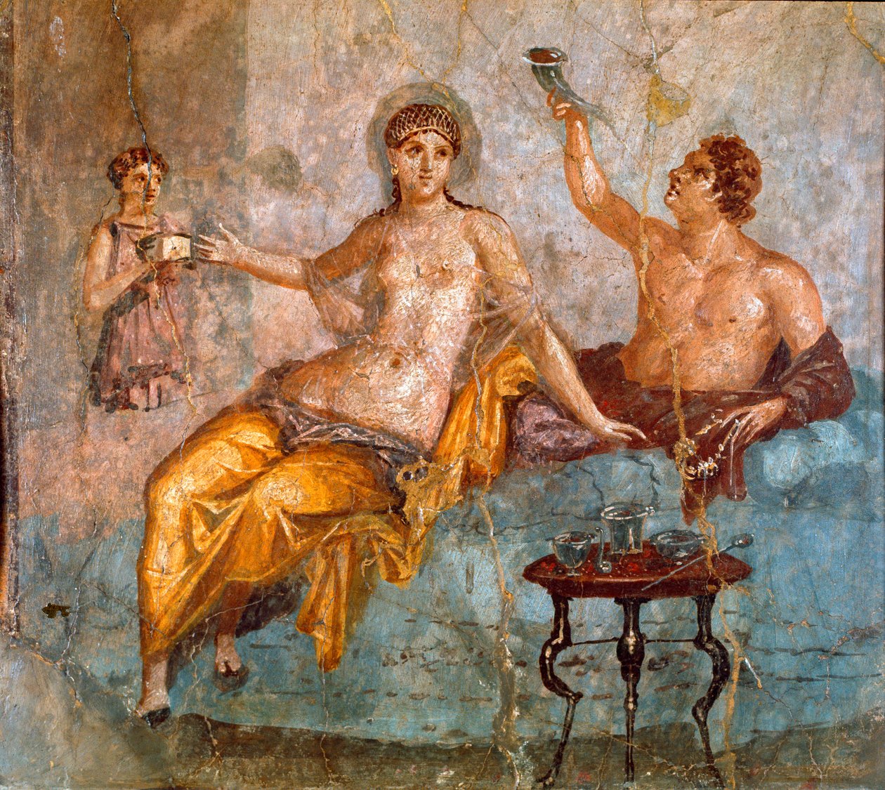 Roma Sanatı: ziyafet sahnesi, genç bir adam ve bir fahişe (antik roma