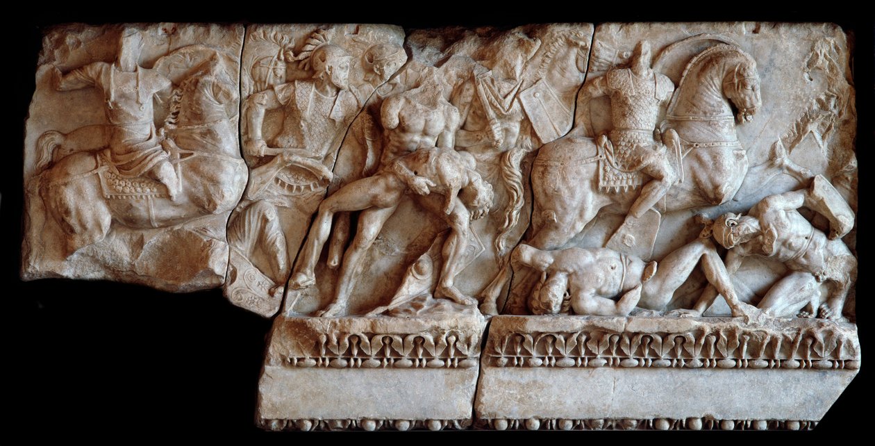 Roma Sanatı: Galyalılar ve Romalılar arasındaki bir savaş sahnesini temsil eden mermer lahit parçası, MS 20 (Roma sanatı: Romalı ve Galyalı askerler arasındaki bir kavganın kabartmalı mermer lahit parçası, MS 20) Dim 87x173 cm Mantua, Palazzo Ducale, Coll by Roman