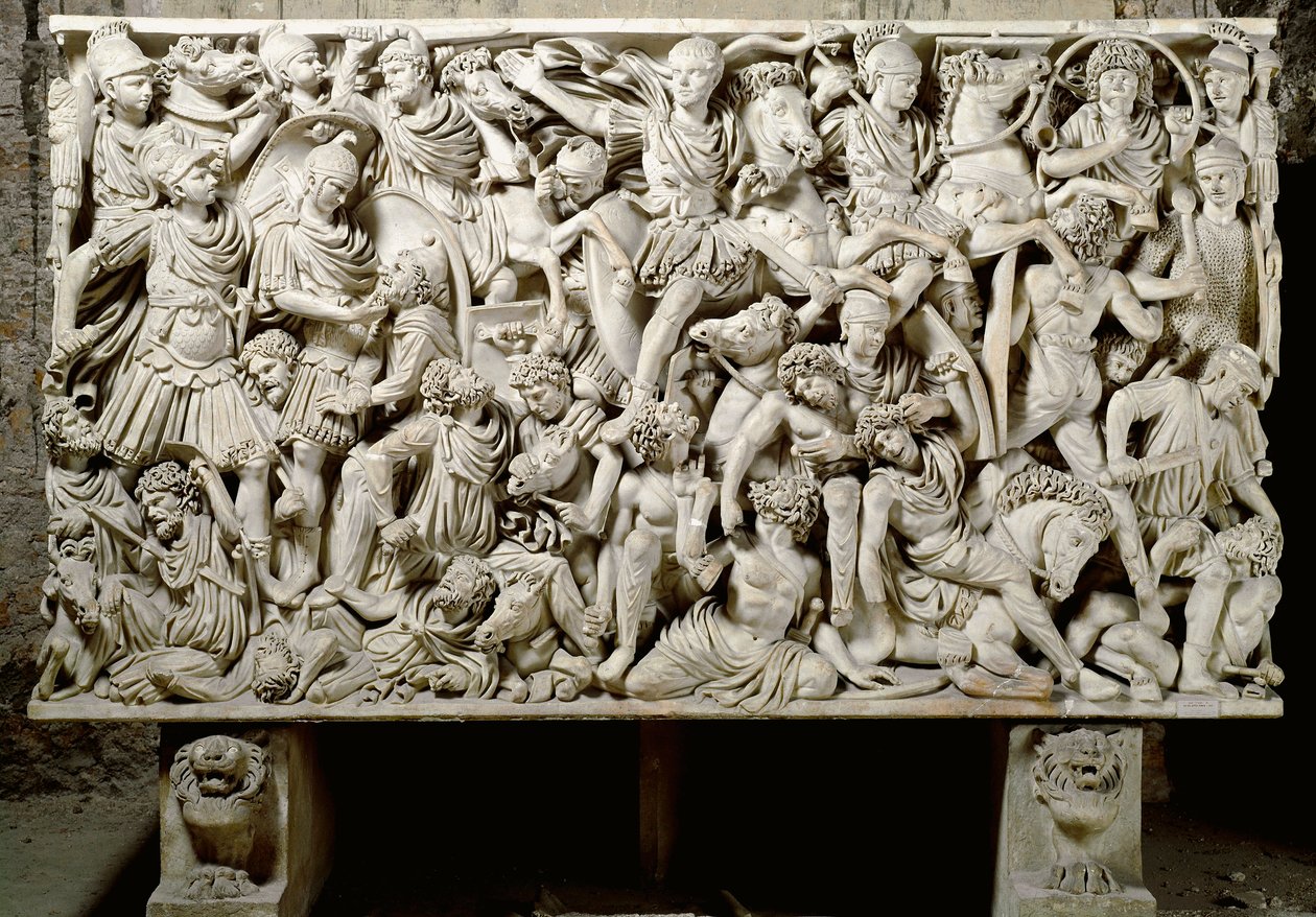 Roma Sanatı: Romalıları barbarlara karşı savaş sahnesine sahip lahit Ludovisi - MS 3. yüzyıl, Dim. 153x273 cm - Roma, Museo Nazionale Romano - Ostiliano, İmparator Decius