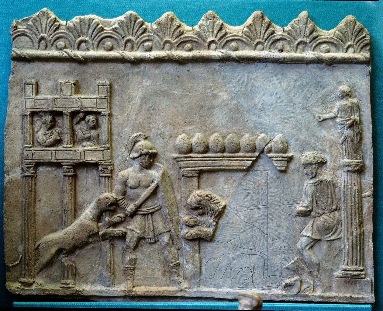 Antik Roma İmparatorluğu Sanatı. Venatio: Gladyatör canavarlara karşı savaşıyor. Heykel by Roman