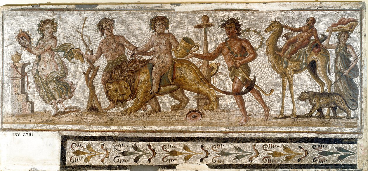 Antik Roma: “” Dionysos Alayı””” Silene bir deveye biner, bir menad bir enstrüman çalar. El Jem