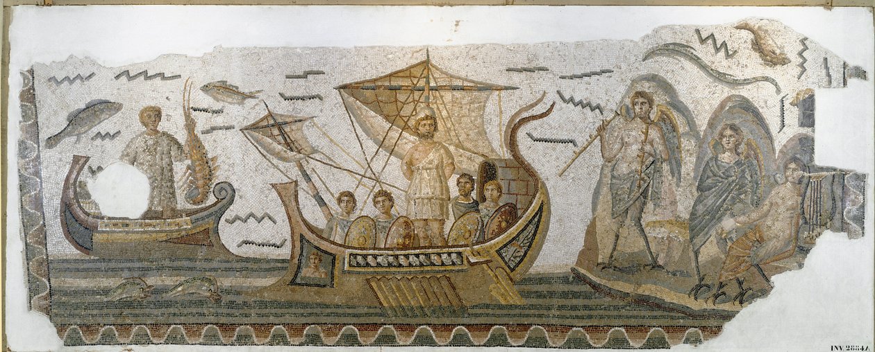 Antik Roma: “” Ulysses teknesinde Sirenlerin şarkısına direniyor”” (Odyssee d'Homere) Mozaik. 250-270 AD. karartmak 380x130 cm Tunus, Musee National du Bardo by Roman
