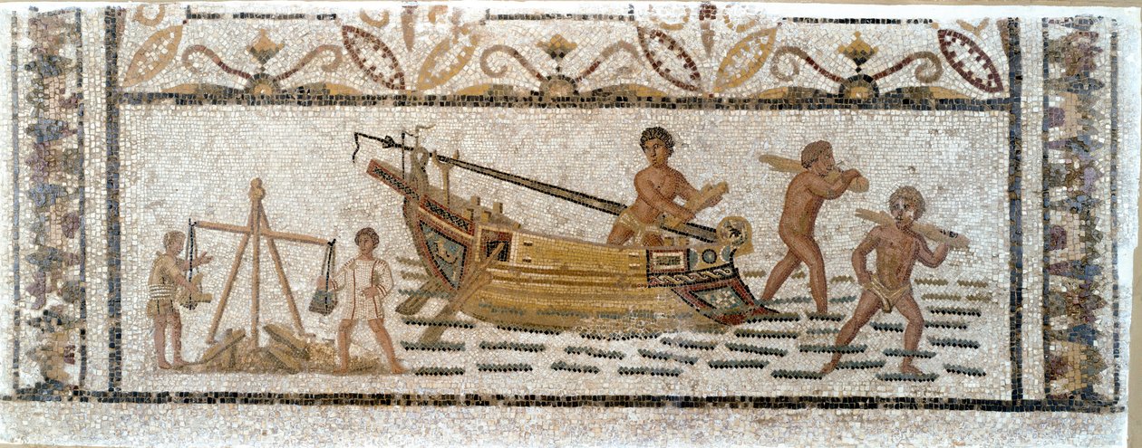 Antik Roma: “” Bir gemiden odun yükünü boşaltmak ve kurşun tartmak””” Tunus'taki Sousse'den gelen mozaik. MS 3. yüzyıl. karartmak 90x230 cm Musee du BarDo, Tunus by Roman