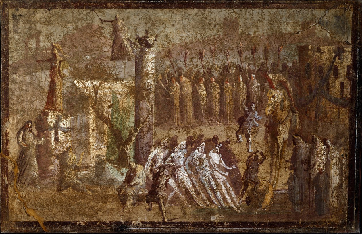 Roma sanatı: Truva atının “” Tabula Iliaca”” girişi. Truva atları atı surlara çekerken Cassandre onlara karşı koymaya çalışır. Pompei'den fresk. Napoli, Museo Archeologico Nazionale by Roman