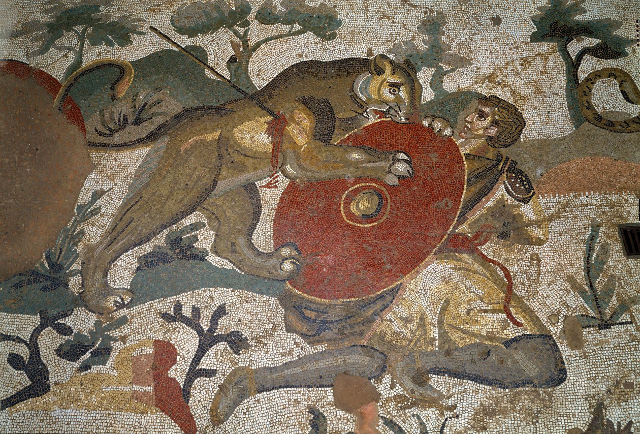 Roma sanatı: Aslan tarafından saldırıya uğrayan bir avcı, kalkanıyla kendini korur. “Büyük av bölümü” mozaiğinin detayı” MS 315-350. Piazza Armerina, Villa Romana del Casale by Roman