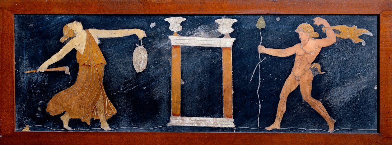 Roma sanatı: bir tapınağın yakınında dans eden bir menade ve bir satir. Pompei