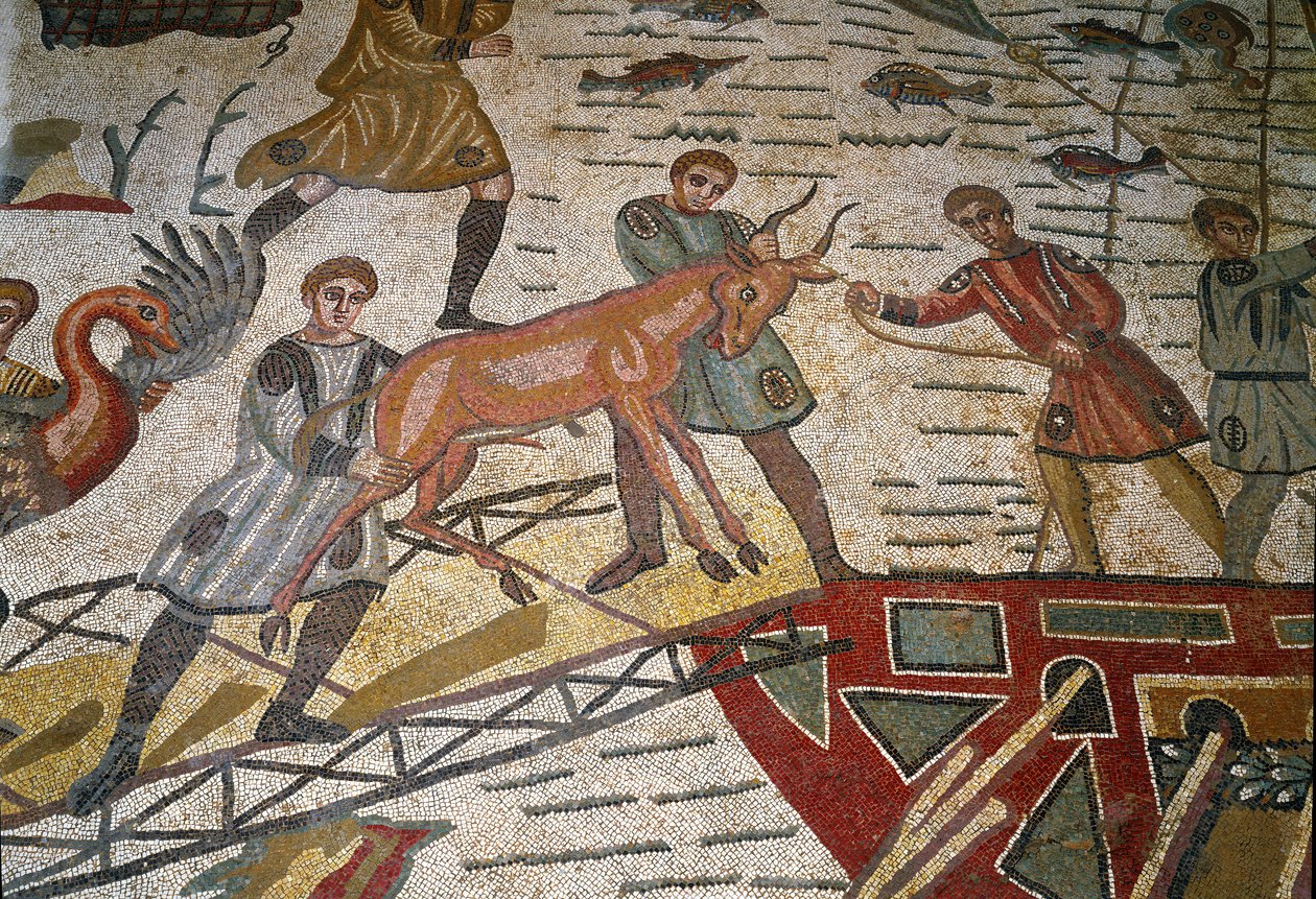 Roma sanatı: mozaiğin detayı “Avlanmanın ana kısmı”” Ceylanlar gemilere yüklenir. 315-350 AD. Piazza Armerina, Villa Romana del Casale by Roman
