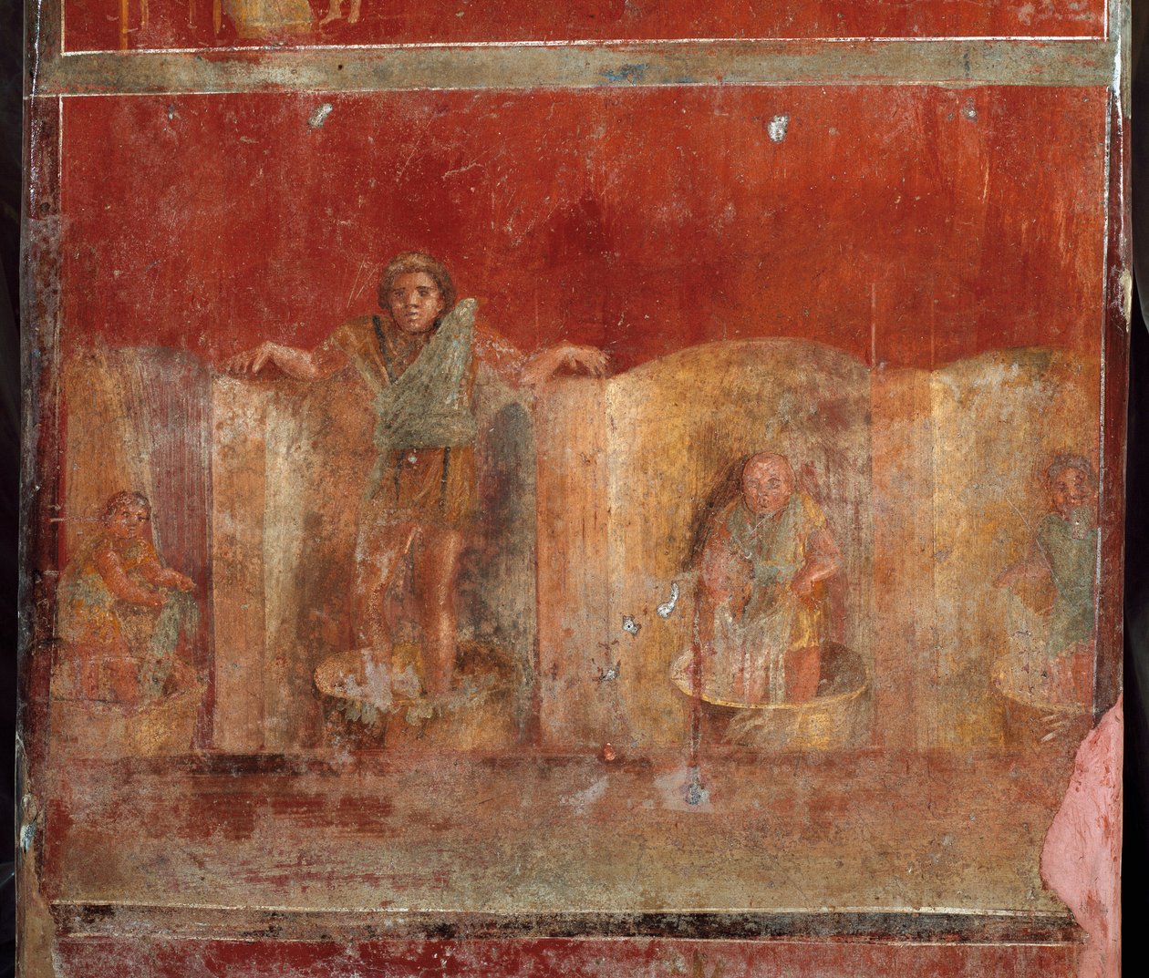 Roma sanatı: Kalabalık kıyafetlerin ayaklarda temizlenmesini betimleyen “fulonika veya foulonnerie” sahnesi. Pompei