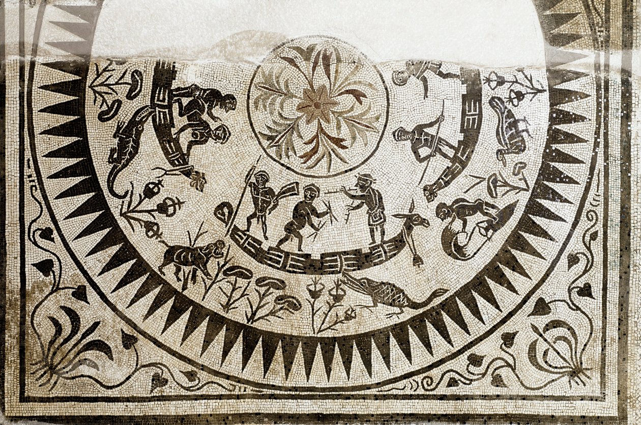 Roma sanatı: Pigme avcılığı ve balıkçılığı. 3. yüzyıl mozaiği. Ulusal Roma Müzesi (veya Hamamlar) Roma by Roman