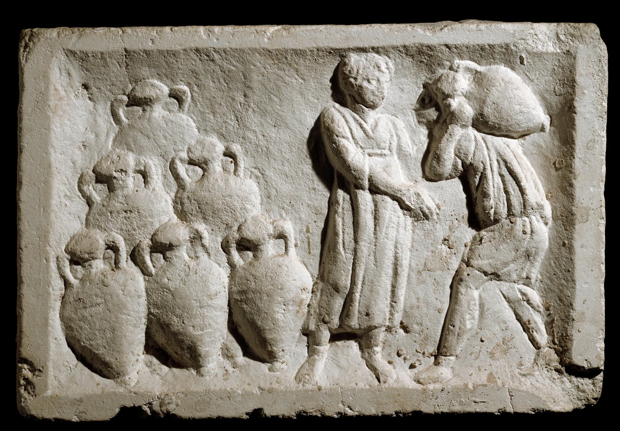 Roma sanatı: “” şarap testilerinin yüklenmesi ve istiflenmesi”””” Kabartma. MS 2. yüzyıl. Roma, Roma Medeniyeti Müzesi by Roman