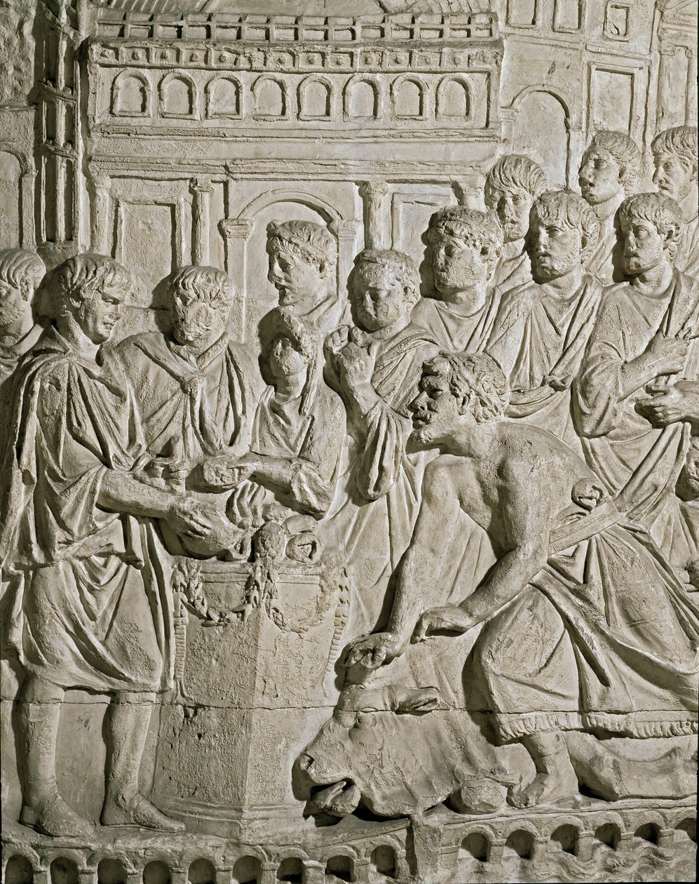 Roma sanatı: Romalılara haraç ödeyen Sarmat vatandaşlarını temsil eden alçak kabartma. Marc-Aurele (Marx Aurele) sütununun kabartmalarından. MS 2. yüzyıl. Roma, Museo della Civilta Romana by Roman