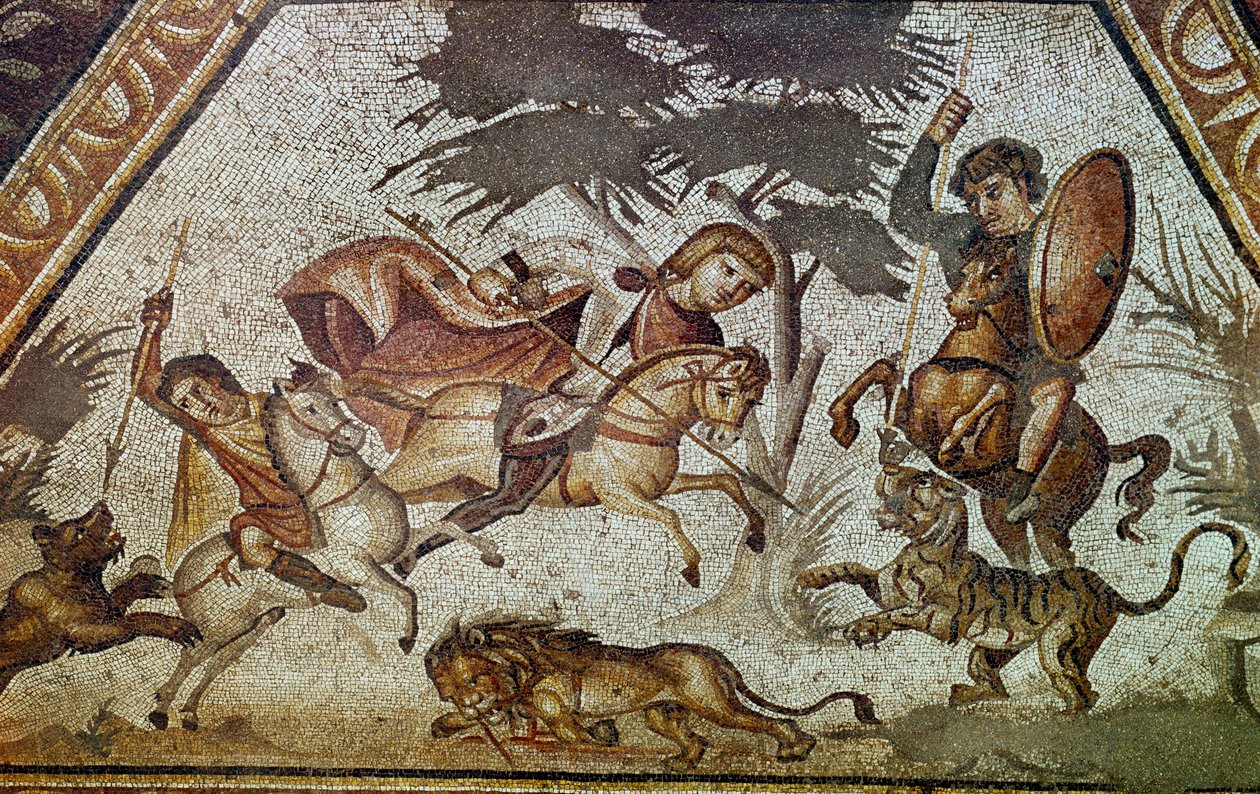 Roma sanatı: Konstantin “Daphne” villasının avlusundan mevsimlerin mozaiği. Aslan ve kaplan avı sahnesini gösteren detay. Antioche-sur-l