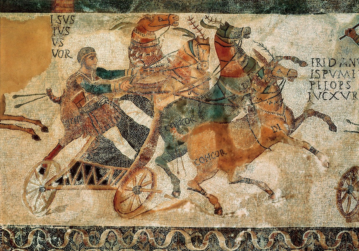 Roma sanatı: sirkte bir yarış sırasında dört atın (quadriga) çektiği bir arabadaki bir adamı temsil eden mozaik, c.4. yüzyıl by Roman