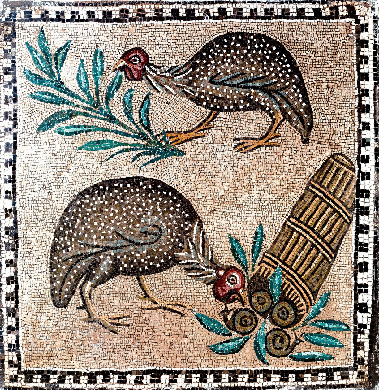 Roma sanatı: beç tavuğu temsil eden mozaik. MÖ 1. veya 2. yüzyıl. Roma, Museo Nazionale Romano - Roma sanatı: beç kuşları mozaiği. MÖ 1. veya 2. yüzyıl. Ulusal Roma Müzesi, Roma, İtalya by Roman