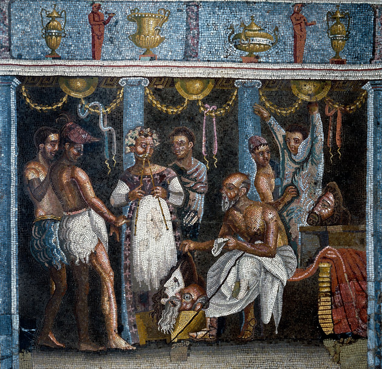 Roma sanatı: hicivli bir drama için hazırlıklar. Mozaik. 70 AD Pompei