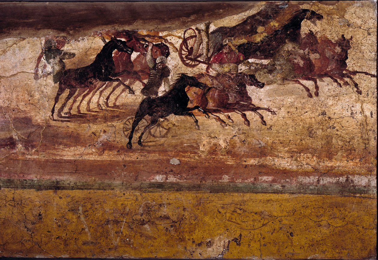 Roma sanatı: dörtlü yarış. Quadrige villasından taze. 4. stil, Pompeii.Naples, Ulusal Arkeoloji Müzesi by Roman