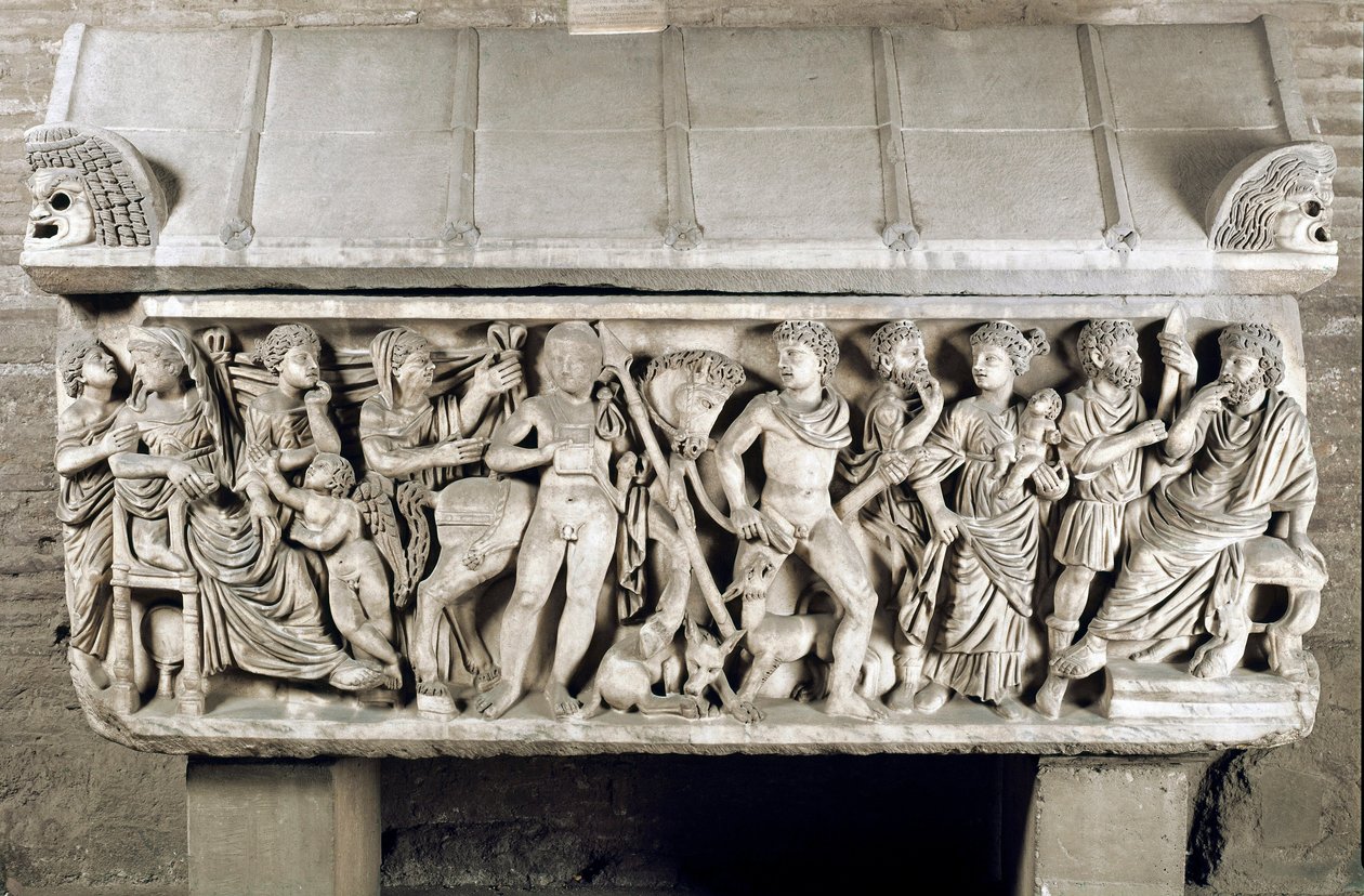 Roma sanatı: lahit Phedre ve Hippolyte efsanesini anlatan alçak bir kabartmayı süslüyor. MS 3. yüzyıl. Roma, museo nazionale romano by Roman