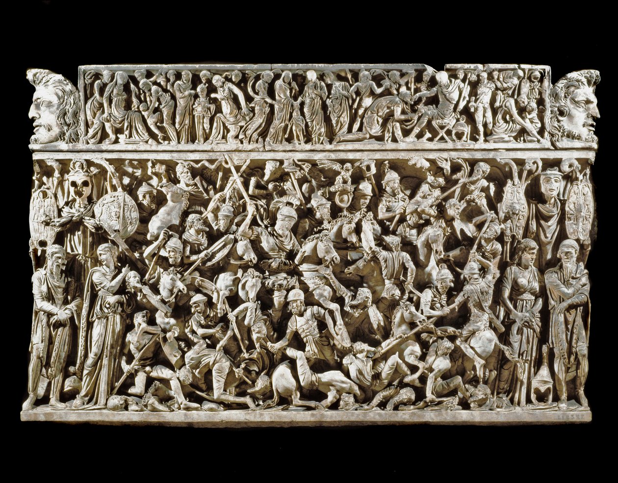 Roma sanatı: Marcoman (veya Marcomannic) savaşları sırasında Romalı savaşçılar ve barbarlar arasındaki savaşların sahnesi. Marc Aurele
