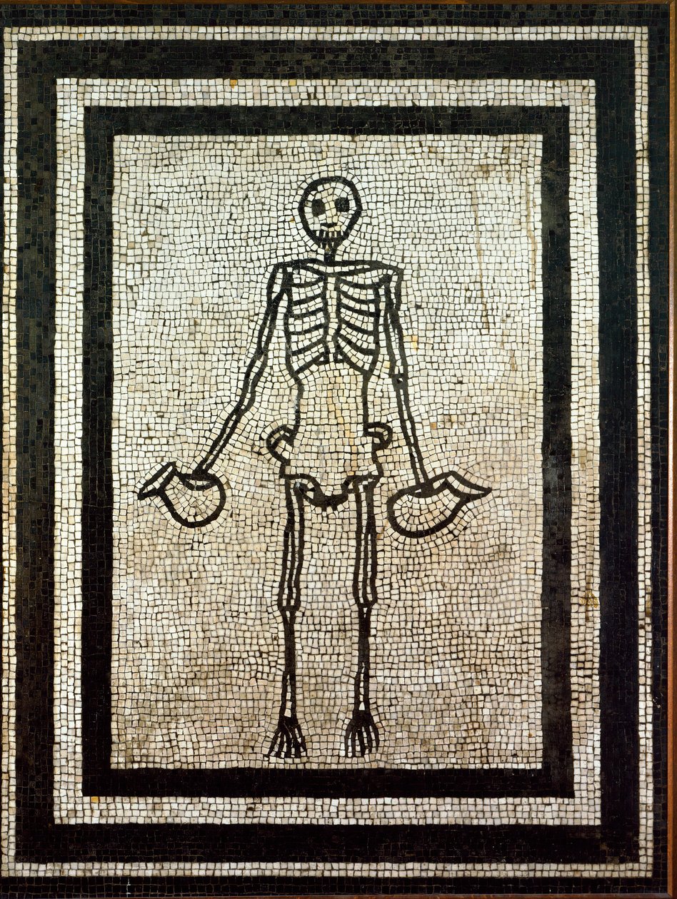 Roma sanatı: iki testi tutan iskelet. 1. yüzyıl mozaiği. Napoli, museo nazionale archeologico - Roma sanatı: iki sürahi tutan iskelet. Pompeii