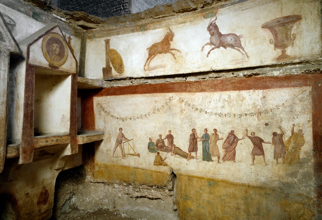 Roma sanatı: Via portuense'nin bir mezarını süsleyen "" oynayan gençler "" ”freskler. 2. yüzyıl. güneş 90 cm Roma, Ulusal Roma Müzesi (veya Terme) İtalya by Roman