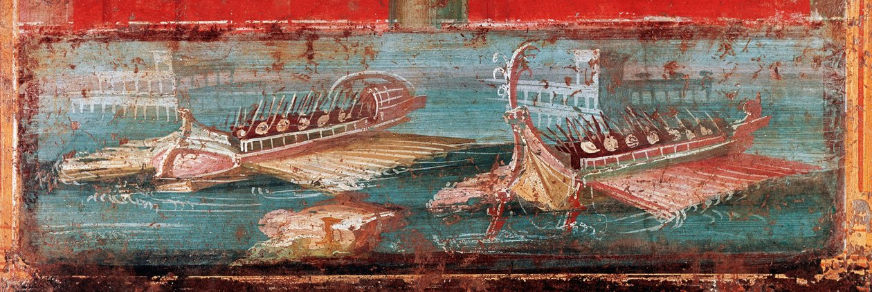 Bir limanın girişinde Roma savaş gemileri (fresk by Roman