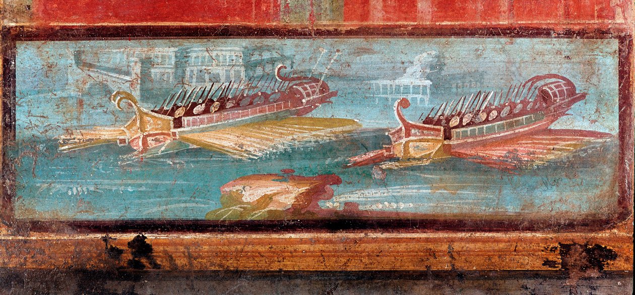 Bir limanın girişinde Roma savaş gemileri (fresk by Roman
