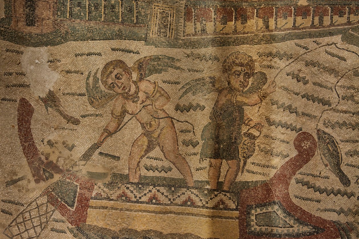 Yarı Dairesel Portiko, zemin mozaiği, Villa Romana del Casale, Piazza Armerina, Sicilya, İtalya (fotoğraf) by Roman
