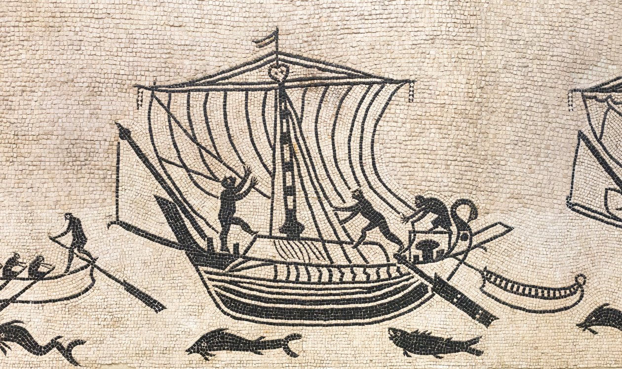 Bir limana yaklaşan gemi, bir mozaik detayı, MS 2. yüzyıl by Roman