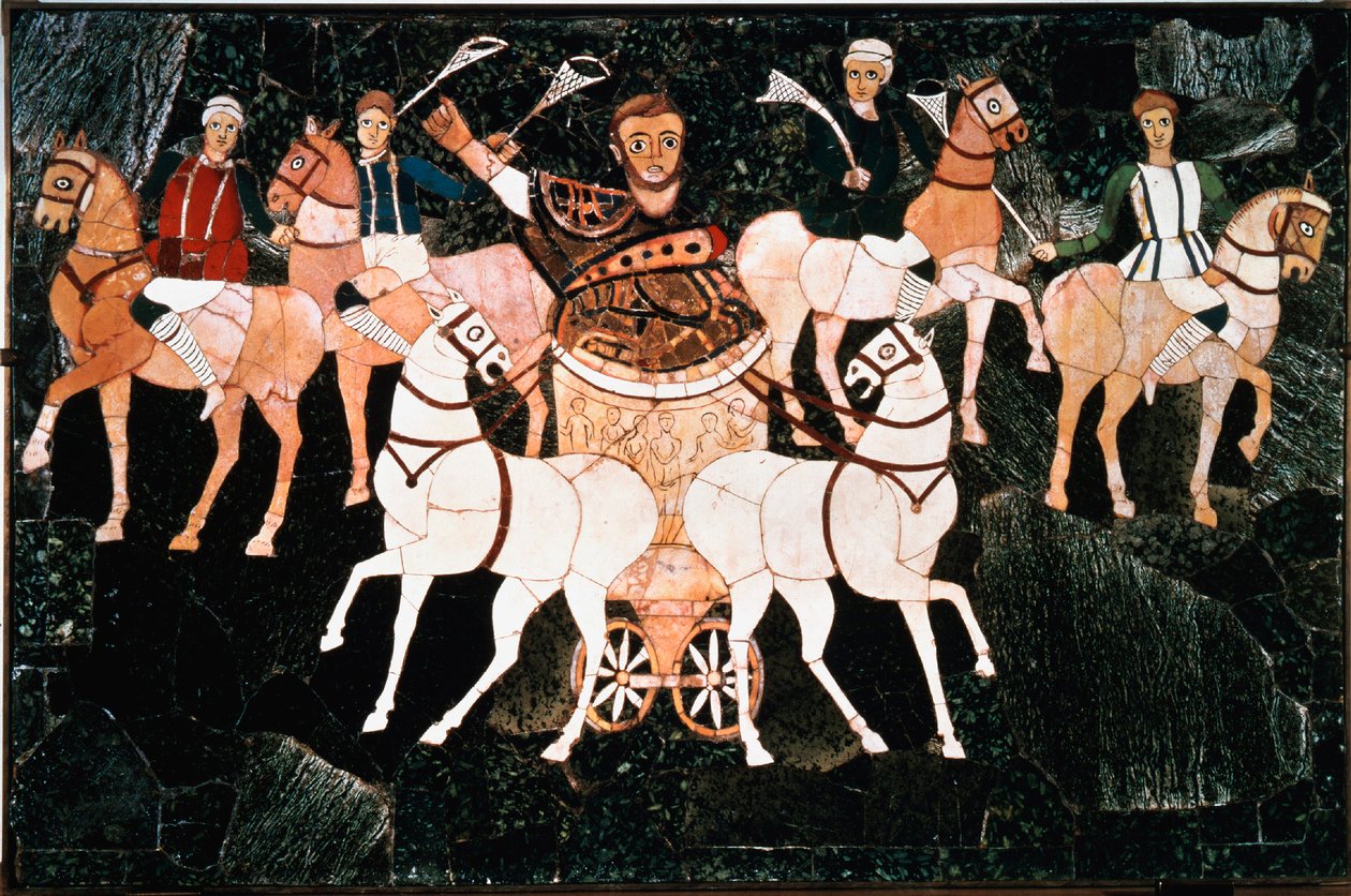 Roma konsülü Iulius Annius Bassus, 4. yüzyıldan kalma sectile opus plakasının bir Detay dörtgenini temsil ediyor. Junius Bassus Bazilikası (Basilica Iunii Bassi), Roma