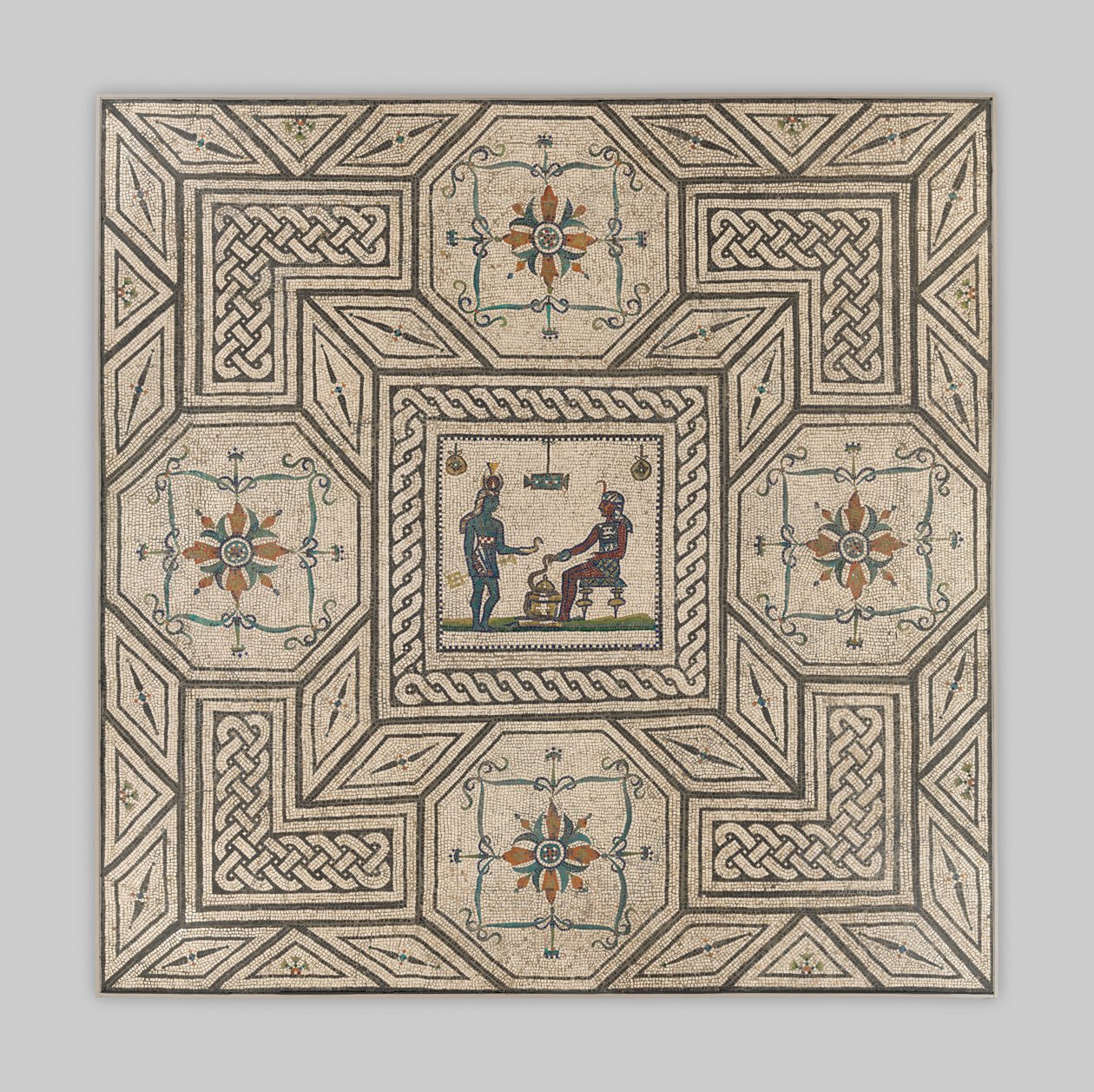 Mısırlılaştırma sahnesine sahip mozaik döşeme, MS 130-150 arası (taş ve cam) by Roman Imperial Period