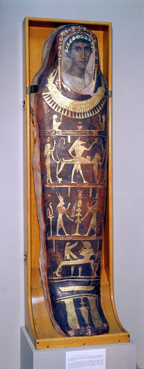 Artemidorus'un Hawara'dan Helenistik tarzda çini portreli boyalı ve yaldızlı mumya kasası (boyalı ve yaldızlı sıva) (ayrıca bkz. 46817 ve 26166) by Roman Period Egyptian