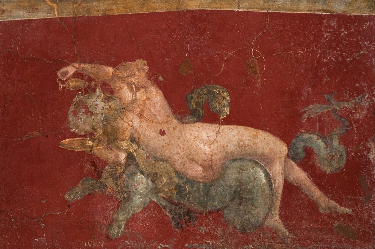 Bir deniz canavarı deniz panteri üzerindeki nereid, 1. H. 1. yy. AD. by Roman Pompeian wall painting.